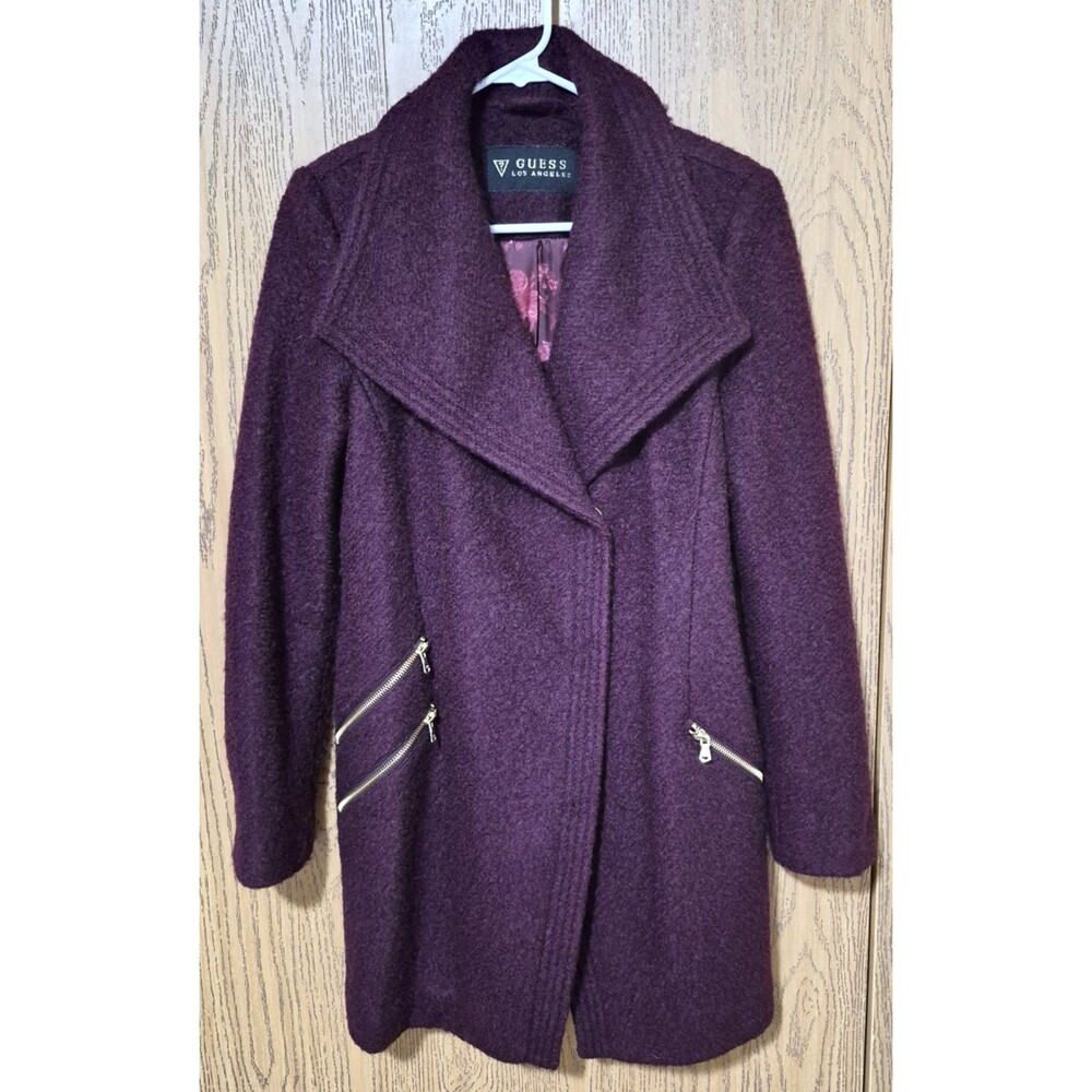 Guess Women's Wine Burgundy Wool Mid Length Winter Pea Coat Gold Accents M